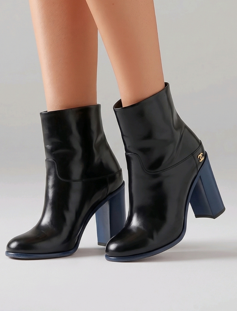 CHANEL Black Calfskin Ankle Boots  Blue Block Heel Gold CC Logo 38 Us 7.5